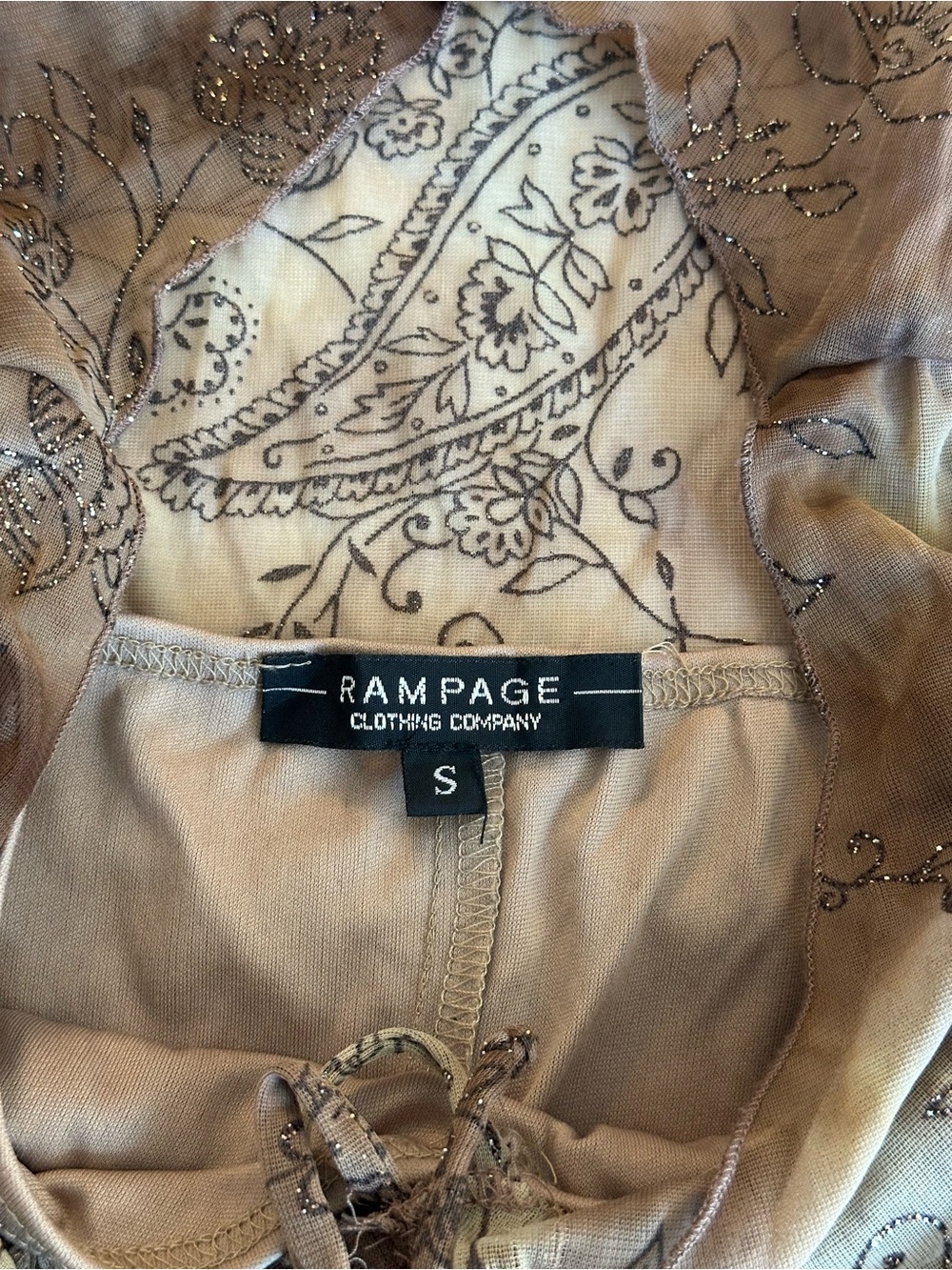 Rampage Y2K Brown Mesh Glitter Floral Midi Dress Tie Front - Size Small - Picture 4 of 4